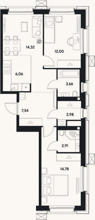 Планировка: 3-к, 64,3 м²