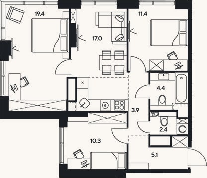 Планировка: 4+ к, 73,9 м²
