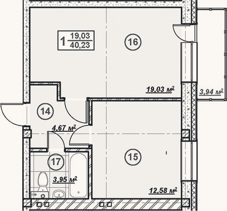 Планировка: 1-к, 40,2 м²