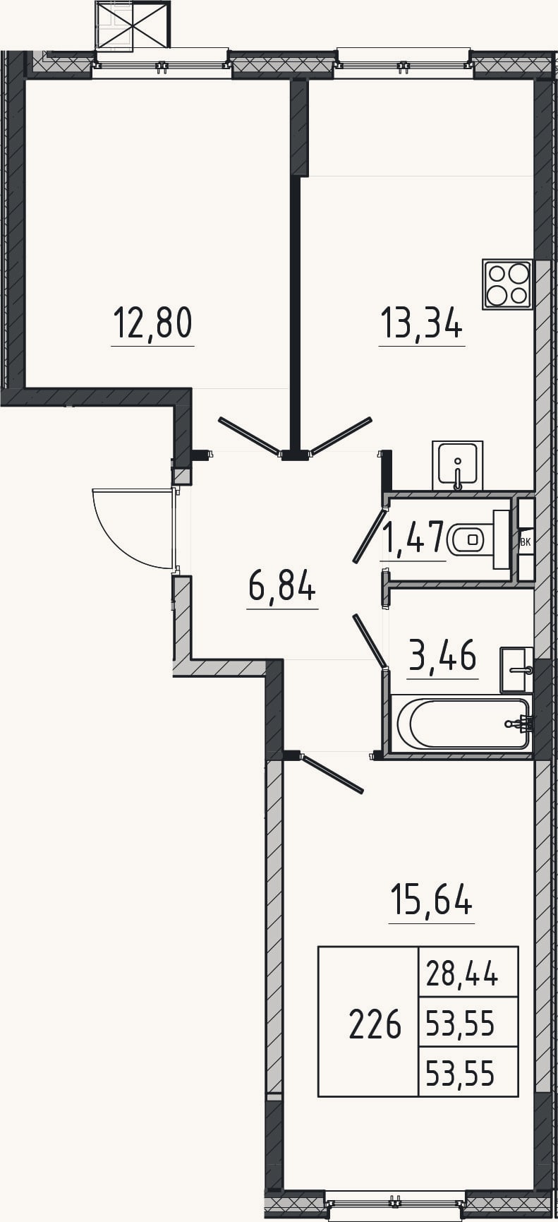 Планировка: 2-к, 53,6 м²