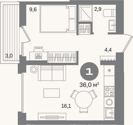 Планировка: 1-к, 33 м²