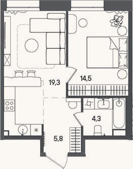 Планировка: 2-к, 43,9 м²
