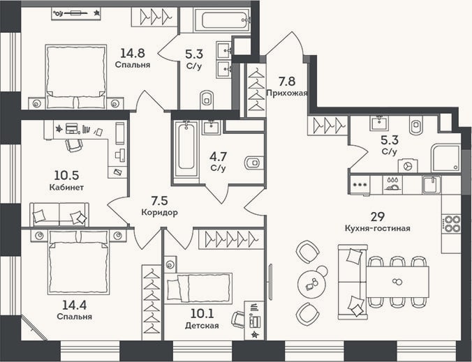 Планировка: 4+ к, 109,4 м²