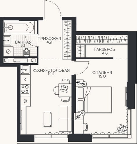 Планировка: 1-к, 44 м²