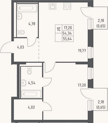 Планировка: 2-к, 54,3 м²