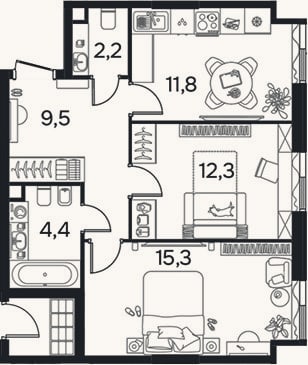 Планировка: 2-к, 55,5 м²