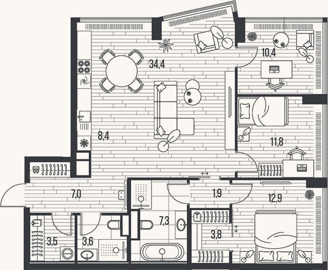 Планировка: 4+ к, 105,1 м²