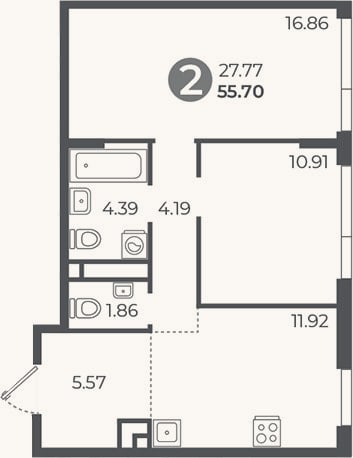 Планировка: 2-к, 55,7 м²