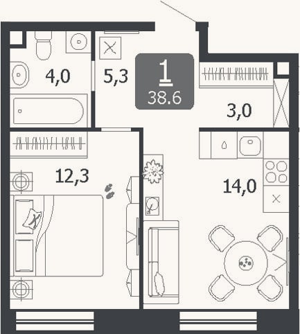 Планировка: 1-к, 38,6 м²