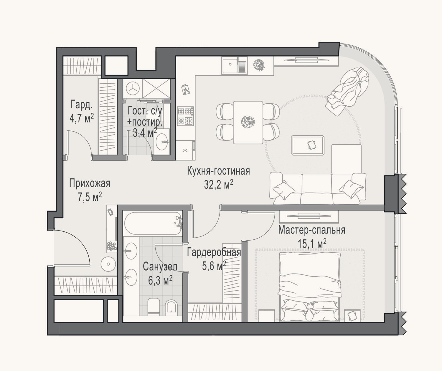 Планировка: 1-к, 74,7 м²