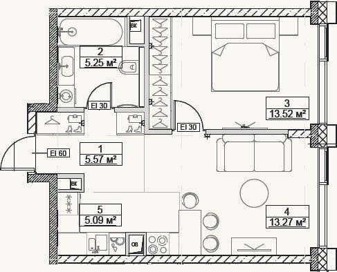 Планировка: 2-к, 42,7 м²
