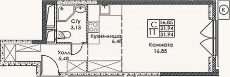 Планировка: Студия, 31,9 м²
