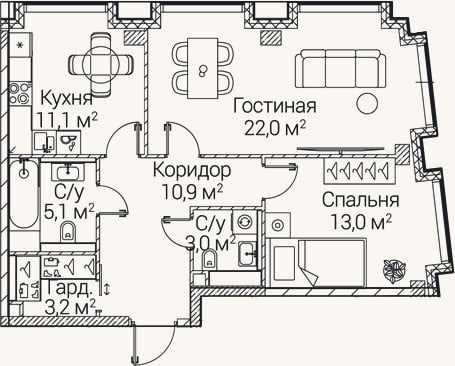 Планировка: 2-к, 68,3 м²