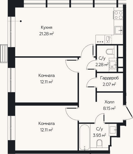 Планировка: 2-к, 60,9 м²