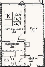 Планировка: 1-к, 44,3 м²