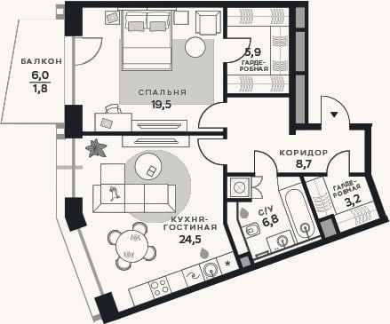 Планировка: 2-к, 68,6 м²