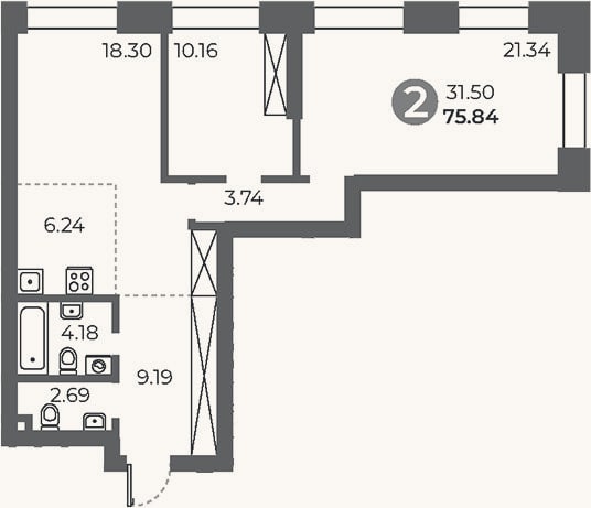 Планировка: 2-к, 75,8 м²