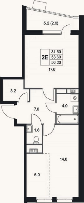 Планировка: 2-к, 53,6 м²