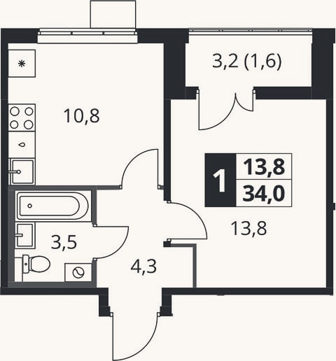 Планировка: 1-к, 32,4 м²