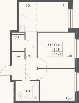 Планировка: 3-к, 52,3 м²