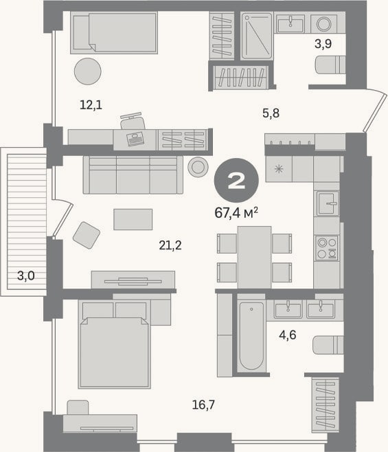 Планировка: 2-к, 64,4 м²