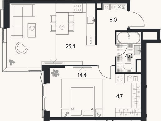 Планировка: 2-к, 52,5 м²