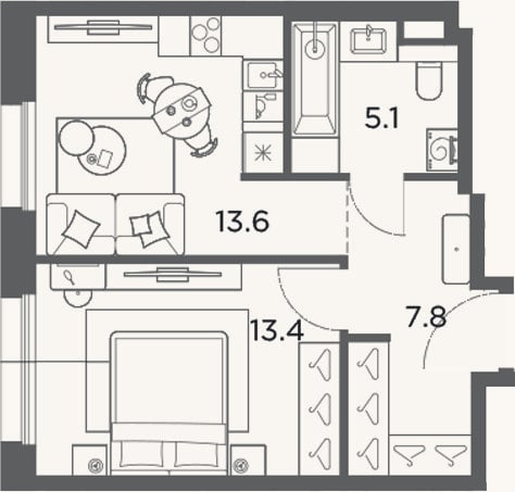 Планировка: 1-к, 39,9 м²