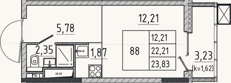 Планировка: Студия, 22,2 м²