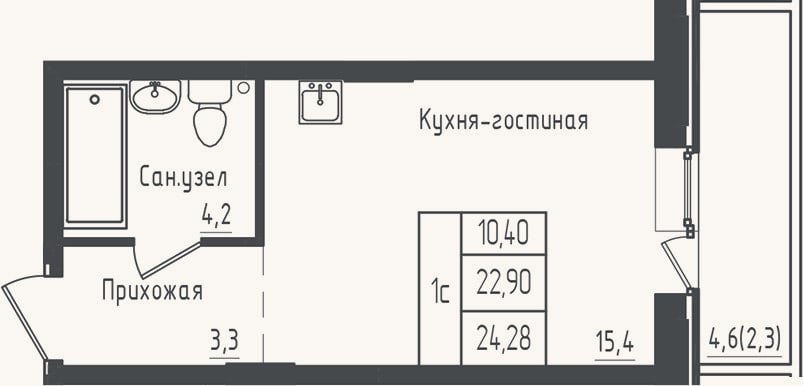 Планировка: Студия, 22,9 м²