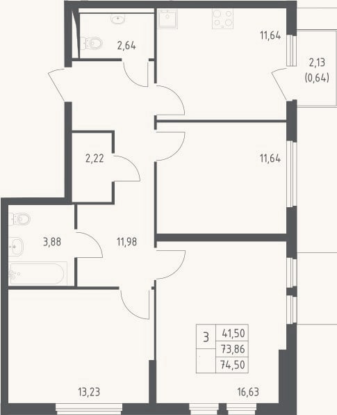 Планировка: 3-к, 73,9 м²