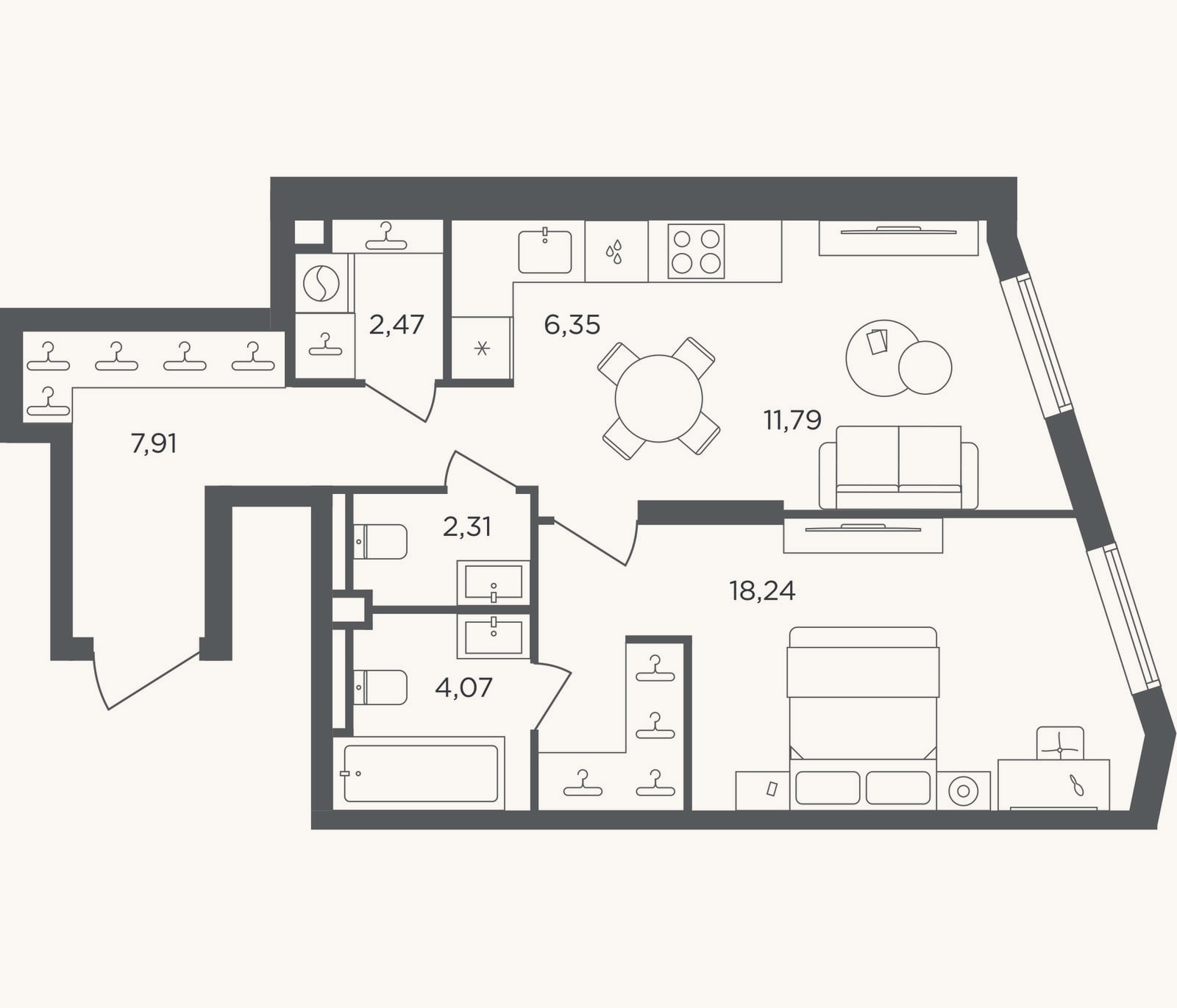 Планировка: 2-к, 53,1 м²