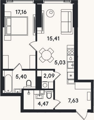 Планировка: 2-к, 57,2 м²