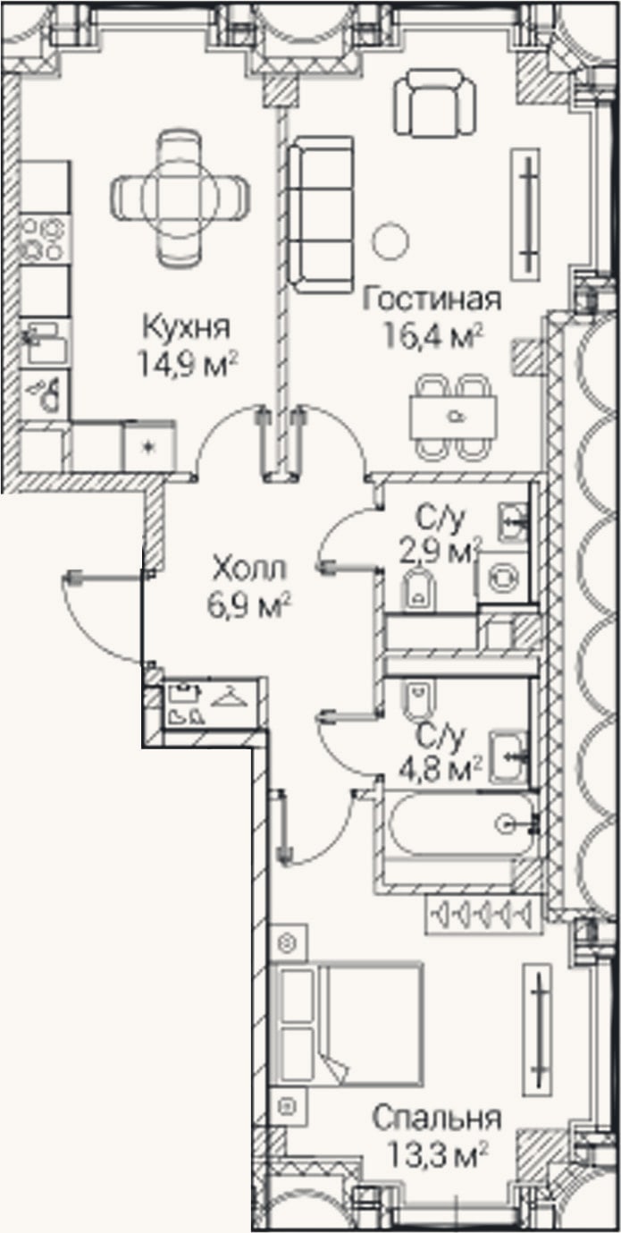 Планировка: 2-к, 59,2 м²