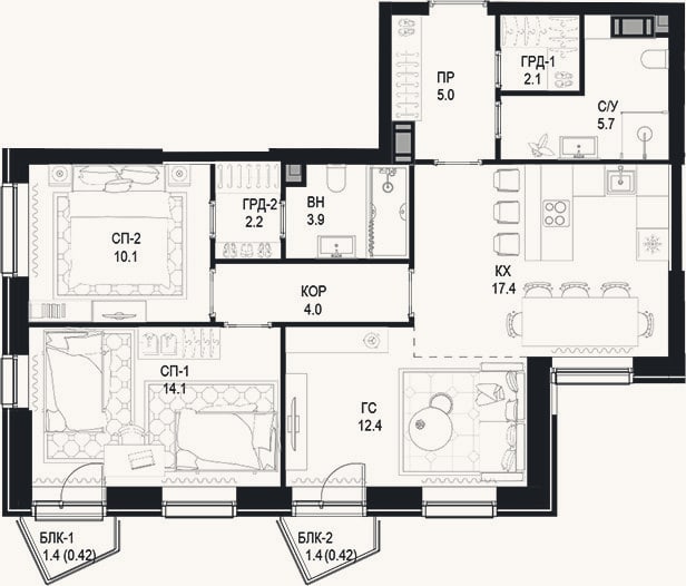 Планировка: 3-к, 76,9 м²