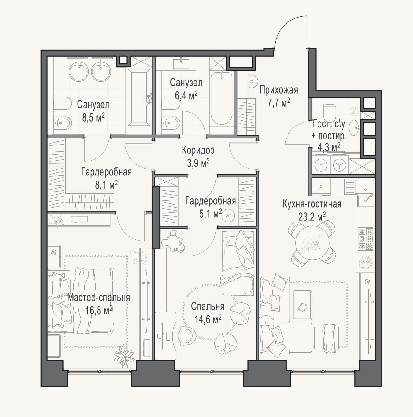 Планировка: 3-к, 99,5 м²
