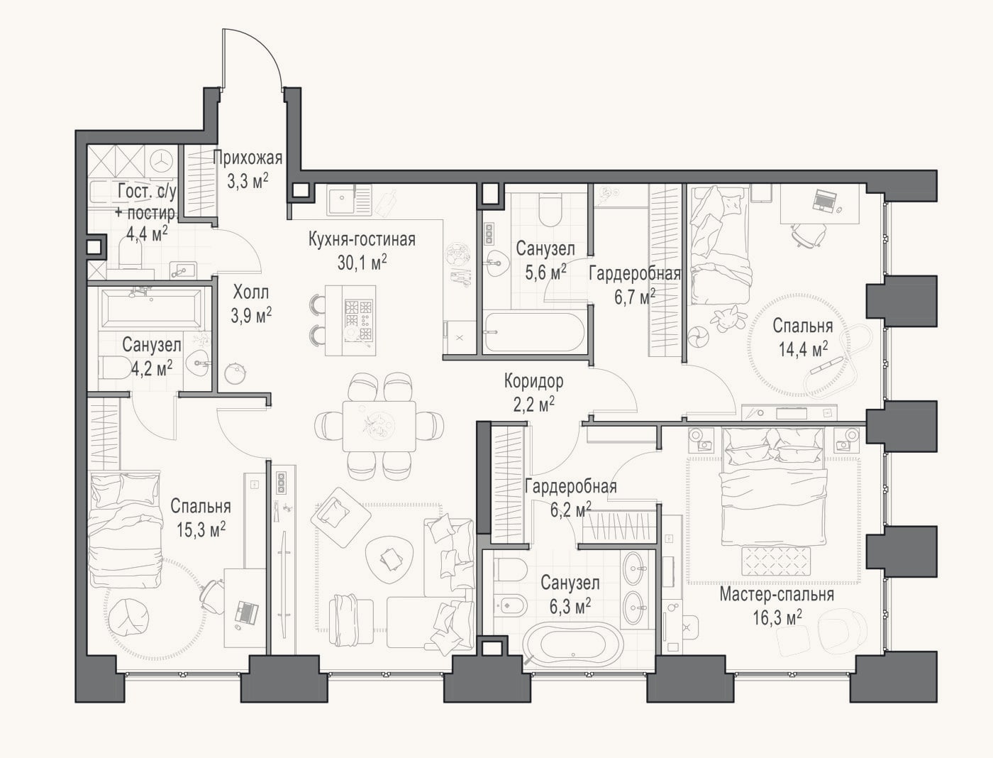 Планировка: 4+ к, 120 м²
