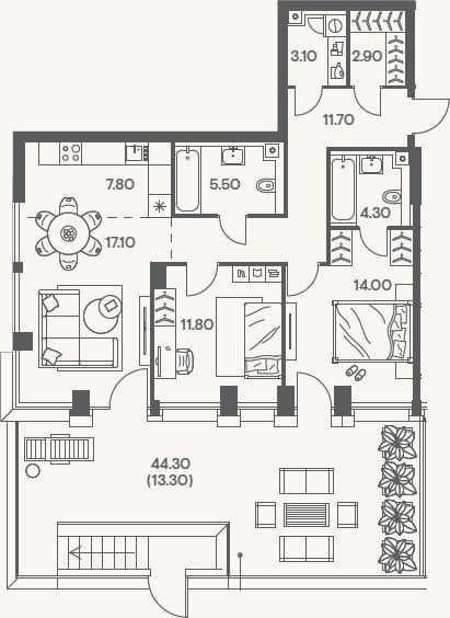 Планировка: 3-к, 78,2 м²