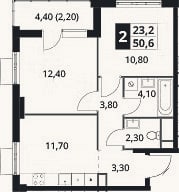 Планировка: 2-к, 48,4 м²