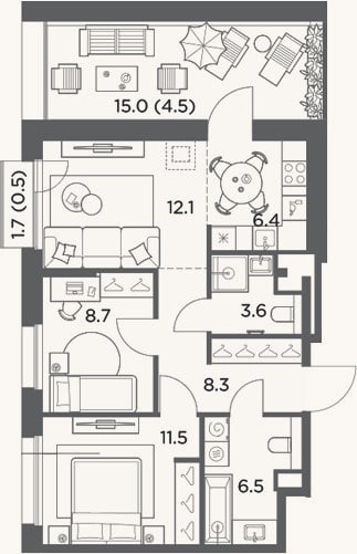 Планировка: 3-к, 57,1 м²