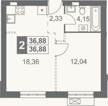 Планировка: 2-к, 36,9 м²