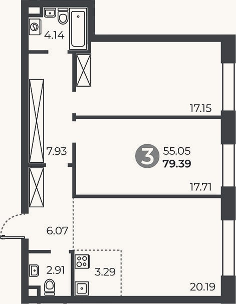 Планировка: 2-к, 79,4 м²
