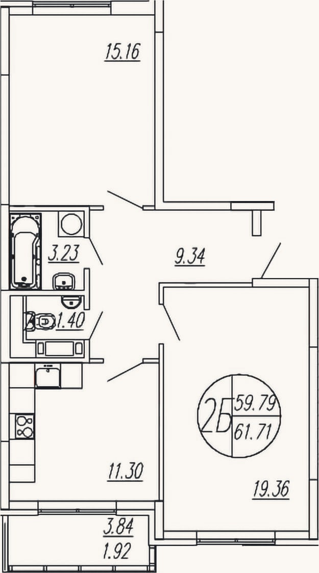 Планировка: 2-к, 59,8 м²