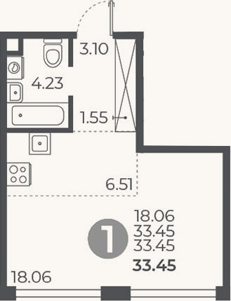 Планировка: Студия, 33,5 м²