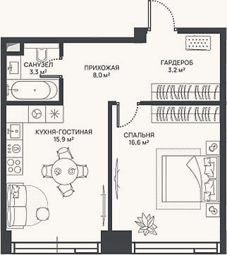 Планировка: 2-к, 47 м²