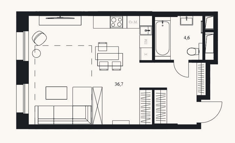 Планировка: Студия, 41,3 м²