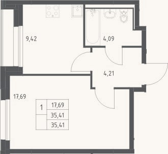 Планировка: 1-к, 35,4 м²
