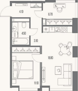 Планировка: 1-к, 48,3 м²