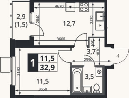 Планировка: 1-к, 31,4 м²