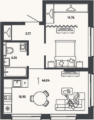 Планировка: 1-к, 44 м²
