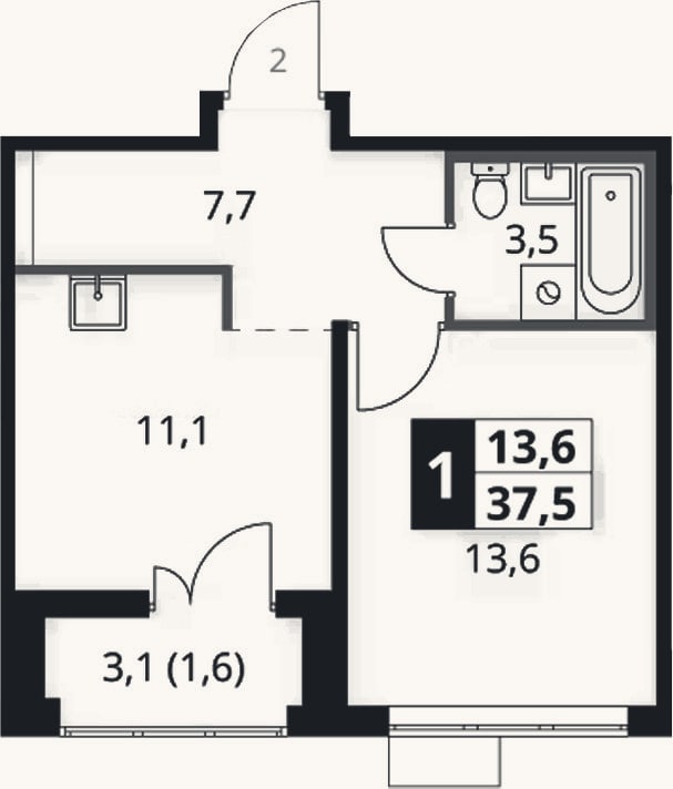 Планировка: 1-к, 35,9 м²